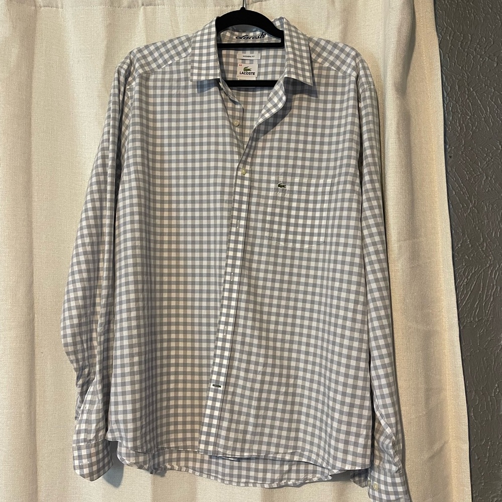 Lacoste Men's Gray Gingham Shirt lightweight cotton preppy French quiet luxury